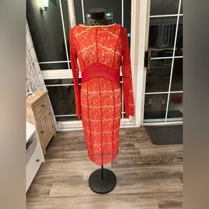 Bebe Beige and red lace Patterned Garment small